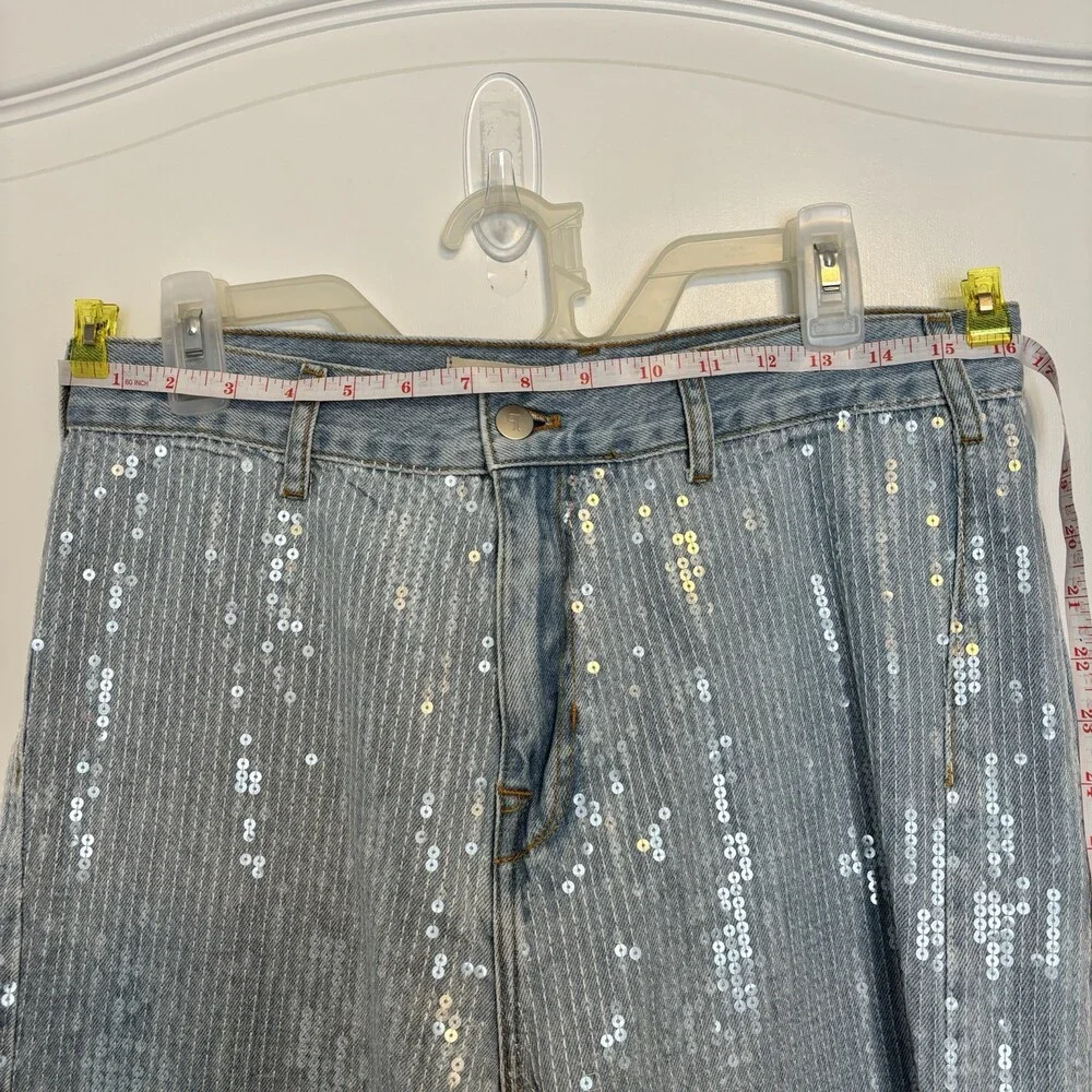 Pilcro Light Wash Sequin Wide-Leg High Rise Denim Jeans Blue Women's 5-Pocket - Picture 5 of 6